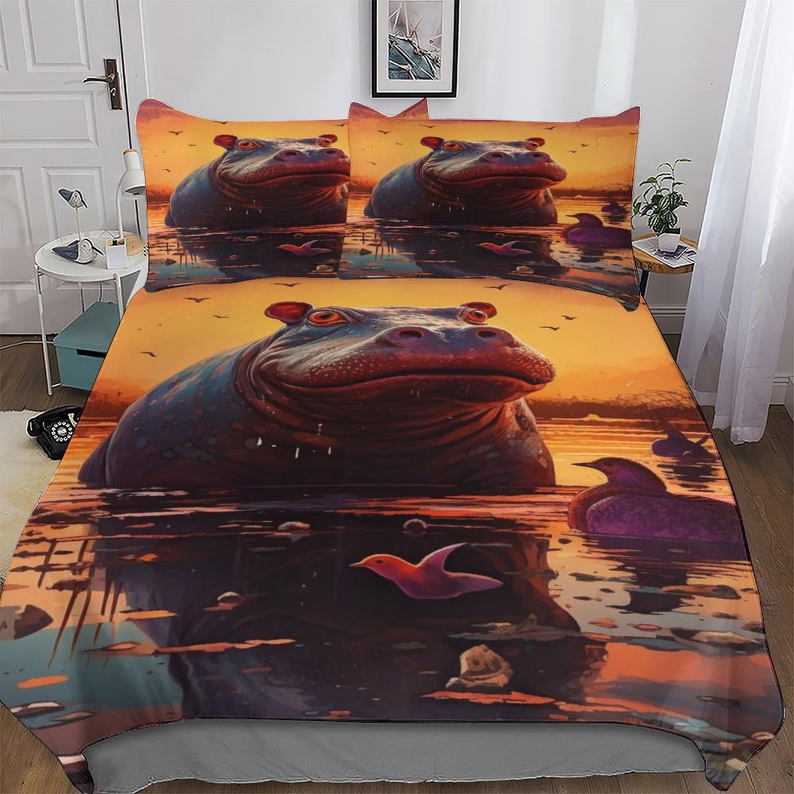 Parure de lit hippopotame en polycoton avec housse de couette 220x240cm et deux taies