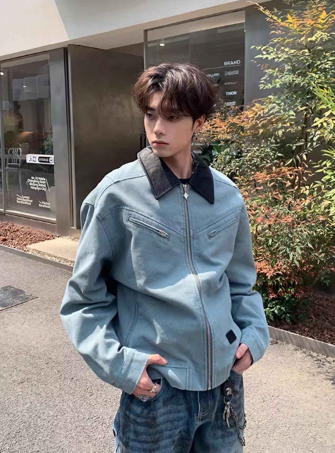 [SUAIARTCOLE] メンズ デトロイトジャケット ワークジャケット 襟付き 折襟 長袖 薄手 革パッチ ルーズ 上着 外套