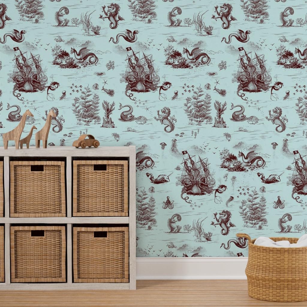 Removable Wallpaper 6ft x 2ft - Nautical Toile De Jouy Light Blue Steampunk Fantasy Sea Ocean Octopus Custom Pre-Pasted Wallpaper by Spoonflower