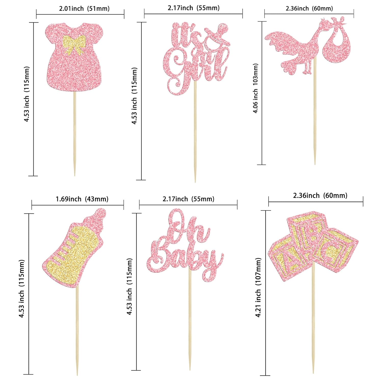 Gyufise 24Pcs Oh Baby Cupcake Toppers Glitter It's a Girl Cupcake Picks Bow Dress Baby Bottle Baby Shower Cake Decorations for Gender Reveal Baby Shower Kids Girls Birthday Party Supplies Pink - Image 2