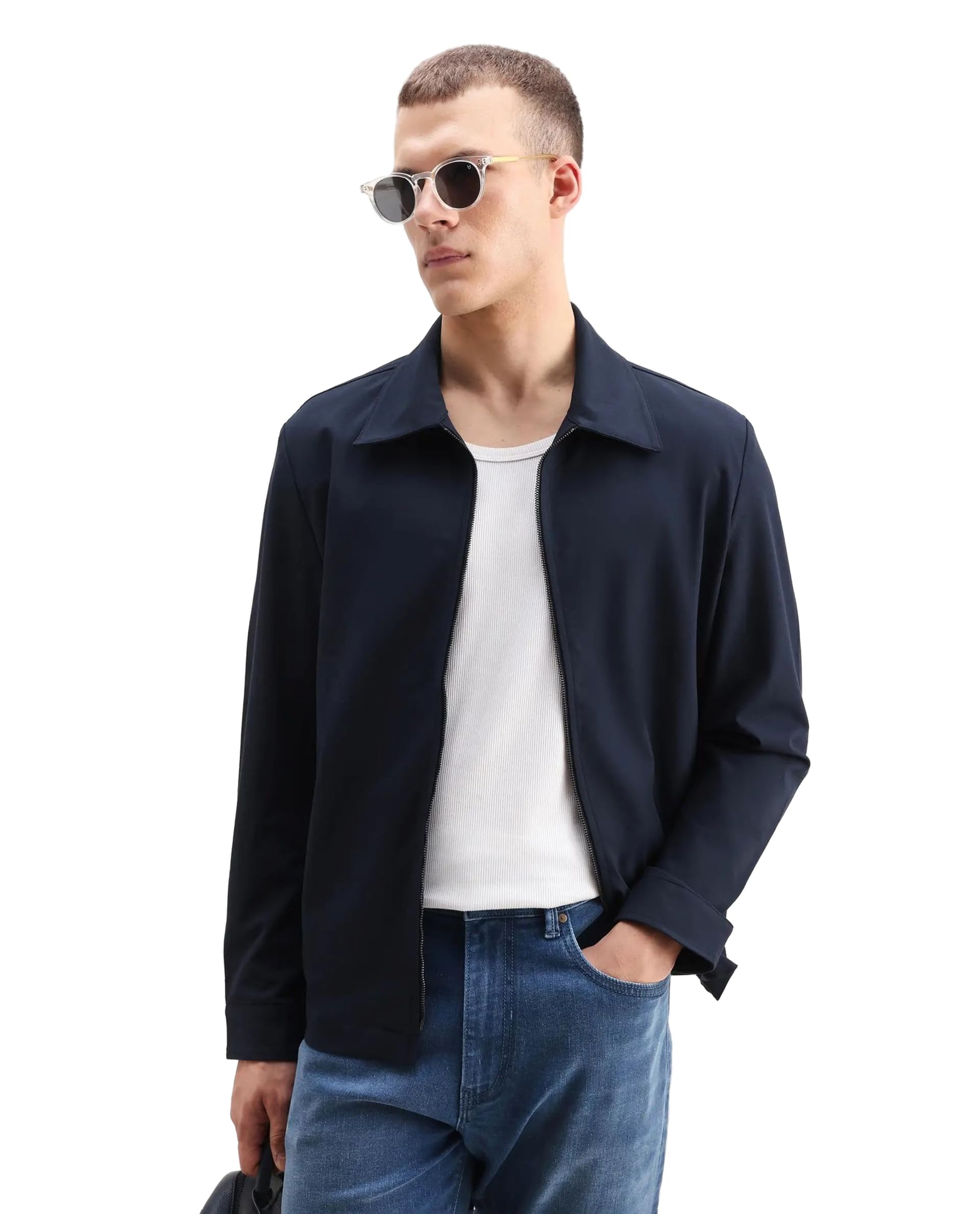 rare rabbit Men Regular Fit Solid Dark Navy Polyester Blend Zip Jacket-picture-11