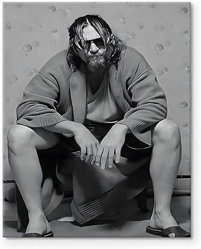 VYPEROCK Iconic Framed Canvas Wall Art Bathroom Decor The Big Lebowski The Dude Sitting Movie Poster Prints Noir Toilet Painting Comedy Artwork for Man Cave Lounge Wall Home Decorations, 8x10inch