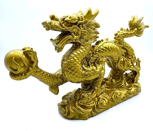 Miniatura 2 de FUNSXBUG Estatua grande de dragón chino de 13 pulgadas de Feng Shui, escultura coleccionable para la suerte y el éxito, oro