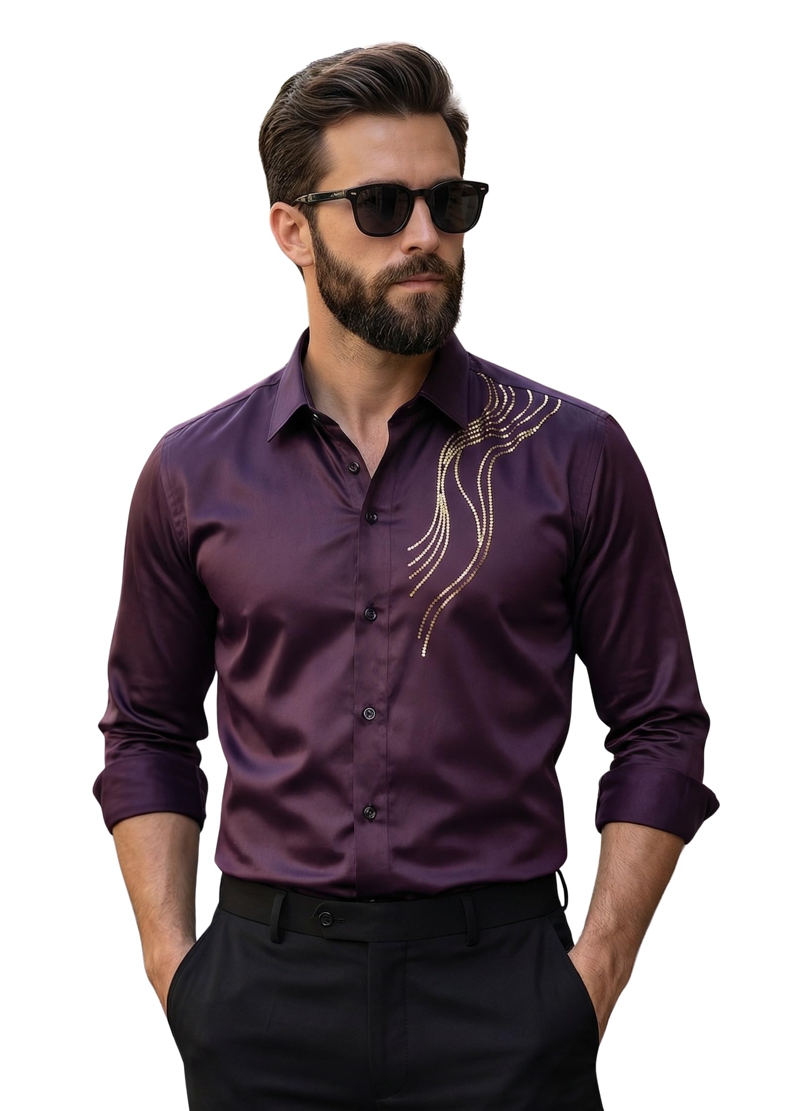 Men's Stylish Satin Regular Fit Casual Shirt | Designer Stone Work Party Look | Full Sleeve Formal Shirt-image-17