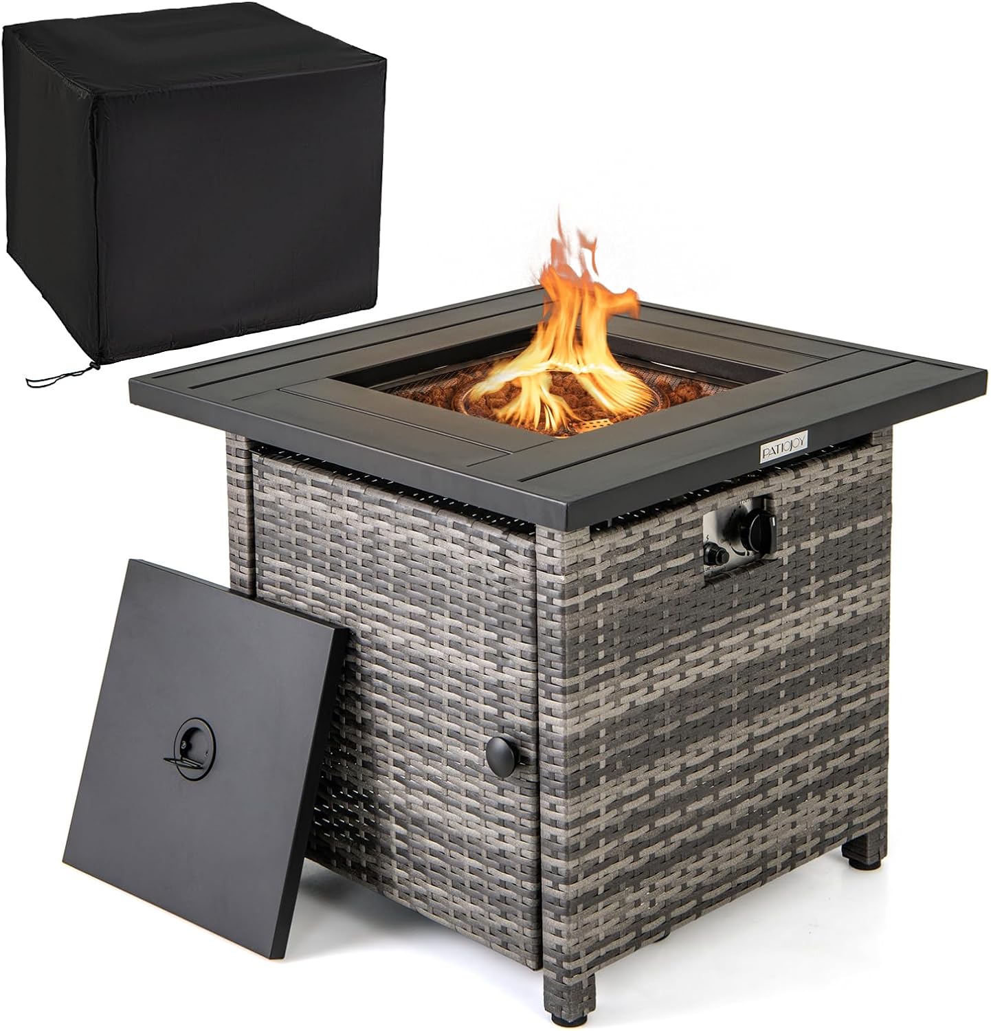 Tangkula 29 Inch Rattan Propane Fire Pit Table, Patiojoy 50,000 BTU Outdoor Square Fire Pit with Lava Rocks & Protective Cover, Heavy-Duty Metal Frame & Top, Patio Fire Table for Backyard, Poolside