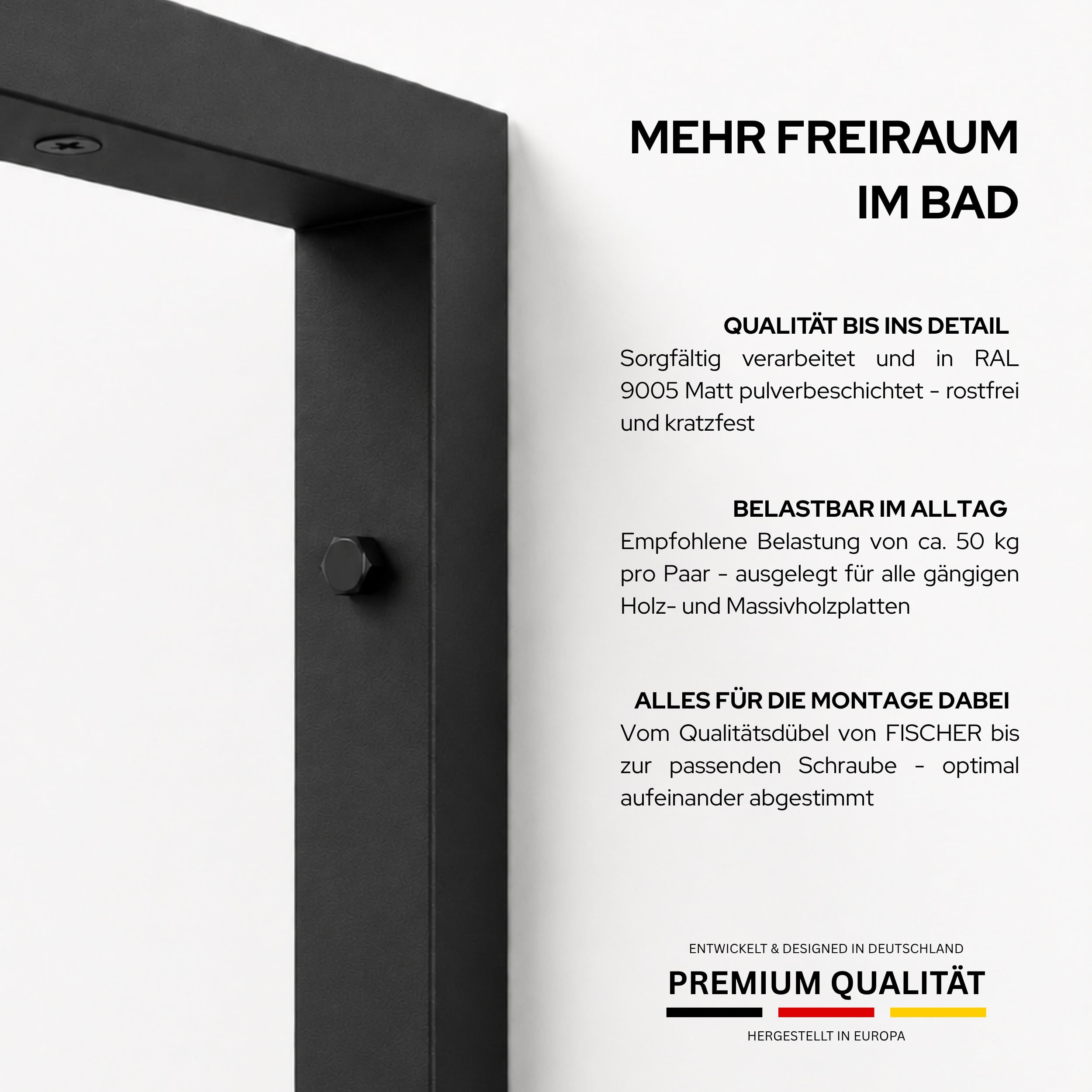 HEVVA 2er-Set Doppelwaschtischhalterung - REUSS - 2 Ebenen (50 cm, Schwarz) | Waschtischhalterung, Waschtischbefestigung, Halterung Waschtischplatte, Wandkonsole für Aufsatzwaschbecken, Waschtischkonsole
