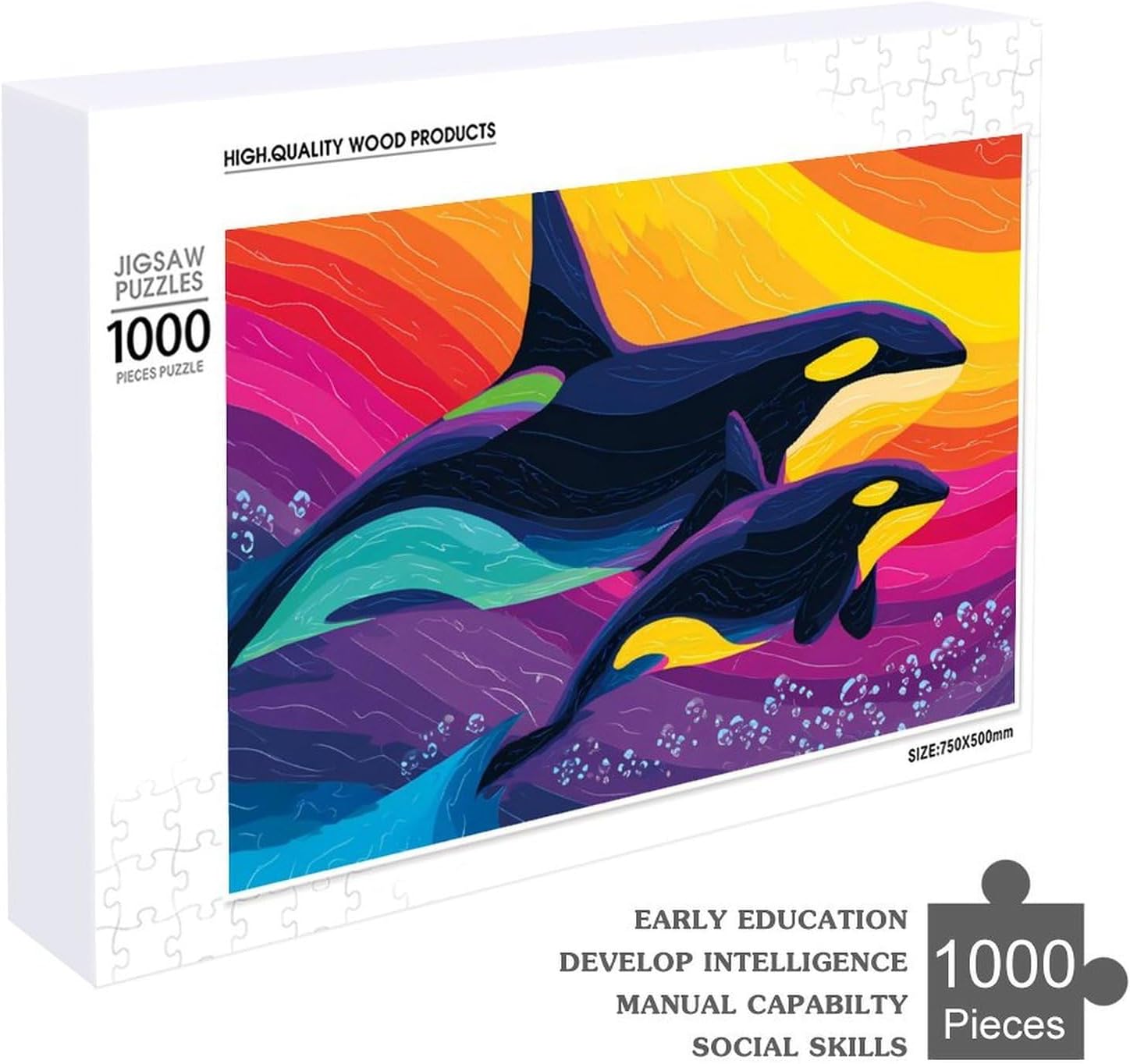 Watercolor Orcas Killer Whales Puzzles for Adults 1000 PCS Wooden Jigsaw Puzzle Wall Decor Christmas