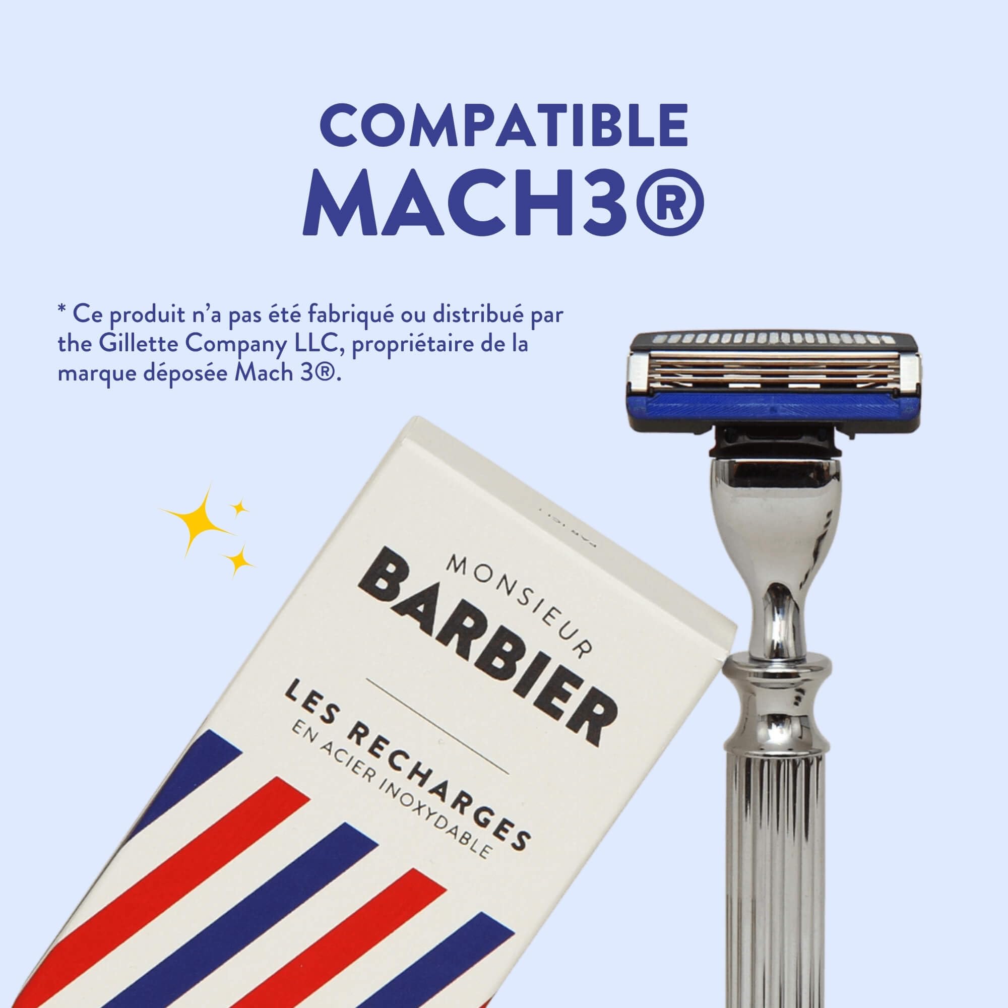 Monsieur BARBIER Afeitadora 3 Cuchillas CHALLENGER + 20 Recambios | Mango acero inoxidable compatible MACH3. Cabezal giratorio 40°, banda lubricante. Pieles sensibles, 6 a 12 meses.