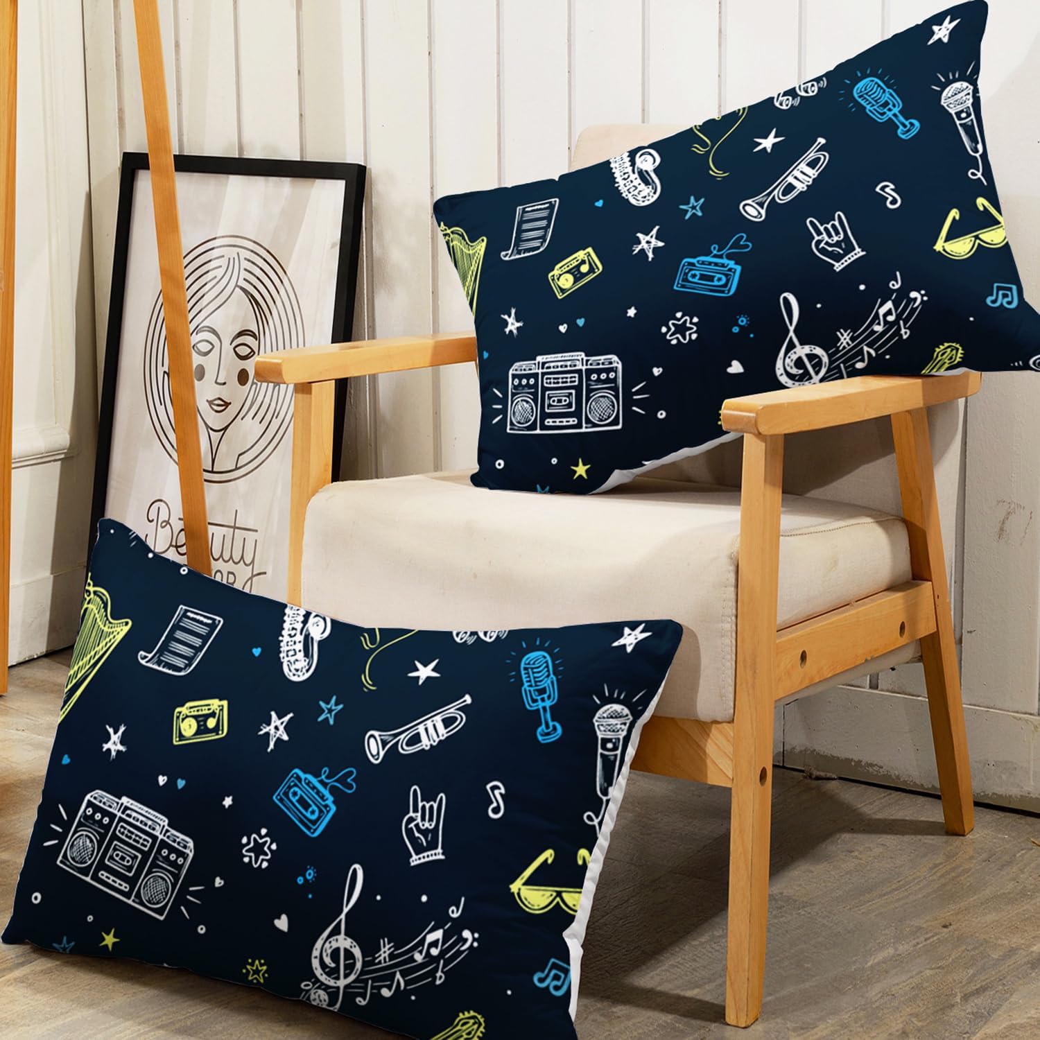 AILONEN Music Fitted Sheet Set - Full Size, Musical Instrument Bedding Set for Kids, 3 Pieces Rock Note Graffiti Music Bed Sheet Set, 1 Fitted Sheet and 2 Pillowcases