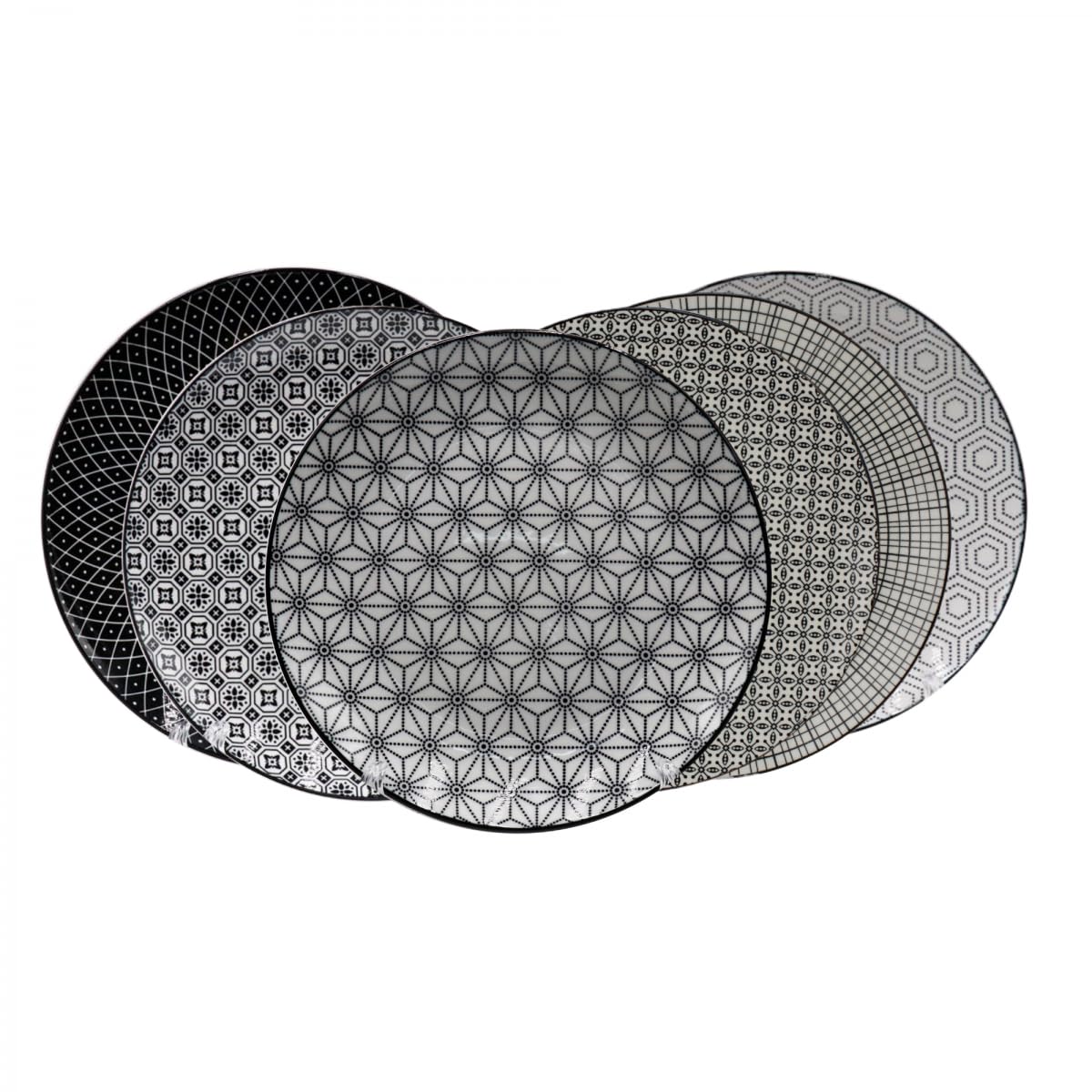 Artime - Lot de 6 Grandes Assiettes Noires et Blanches, Vaisselle avec Motifs, Assiettes Plates en Porcelaine, Assiettes Adaptées au Lave-vaisselle et Micro-onde