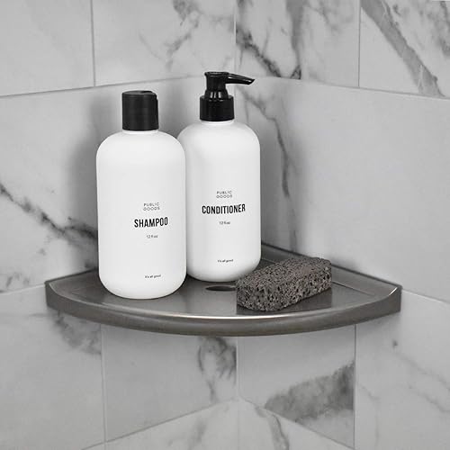 Miniatura 2 de Questech Estante de ducha esquinero de 8 pulgadas y reposapiés de 5 pulgadas, acabado de respaldo plano Metro, níquel cepillado