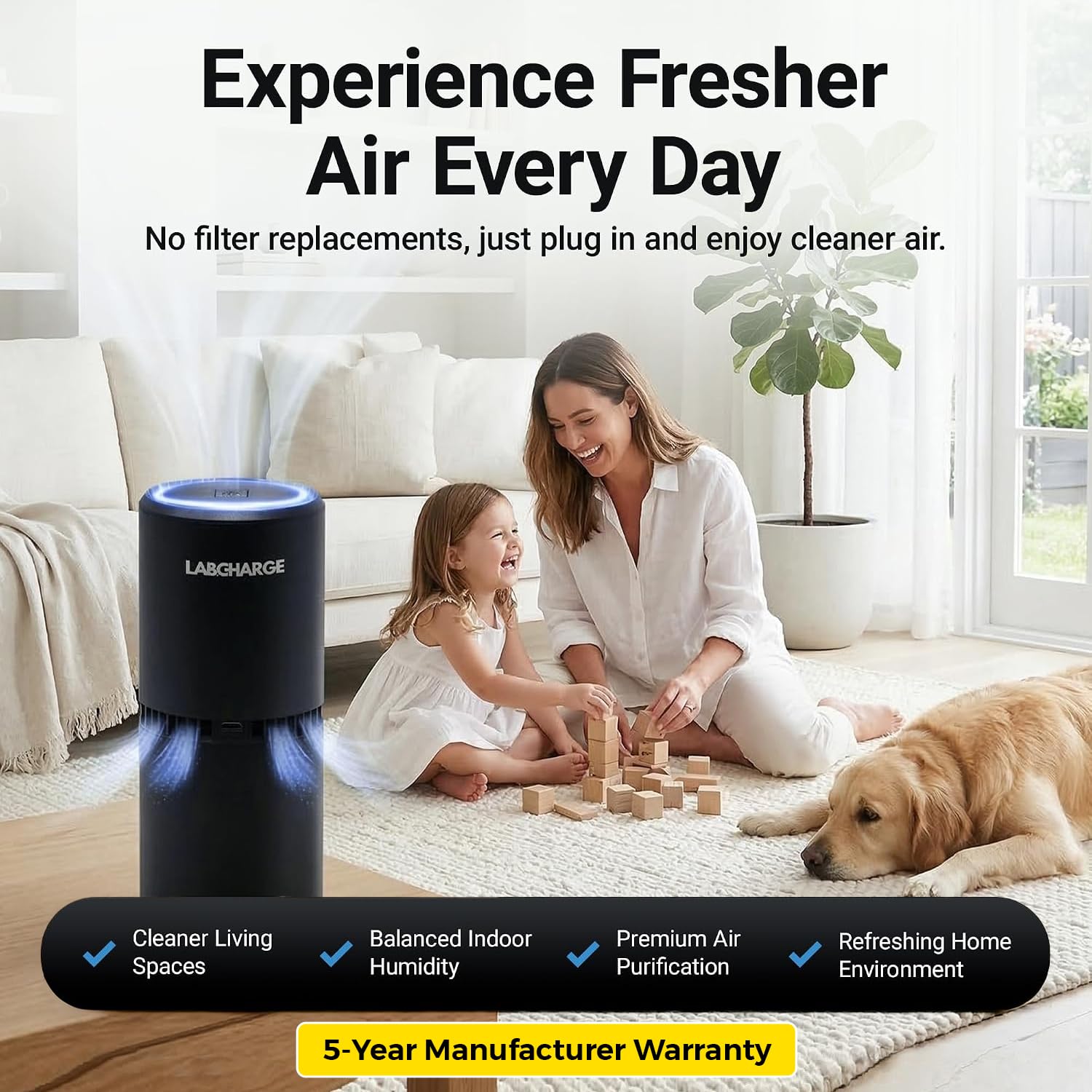 LabCharge - Purificatore d'aria ionico per casa e camera da letto, silenzioso, senza filtro HEPA per animali domestici, capelli, fumo, polvere, odori e forfora, copre 250 mq, design compatto e nero