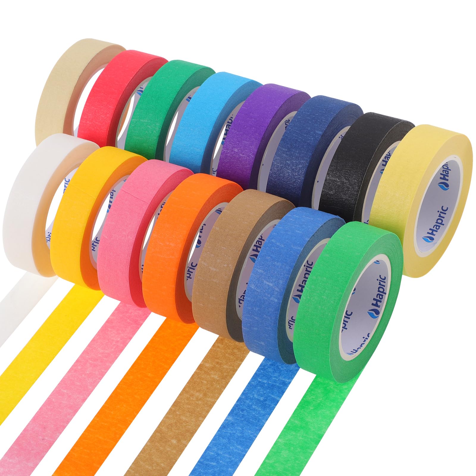 Hapric 15 Rolls Coloured Painters Tape, 15mm x 13m Crepe Paper Rainbow Masking Tape for Artists Writable for DIY Craft Projects, Scrapbook & Journal Decoration