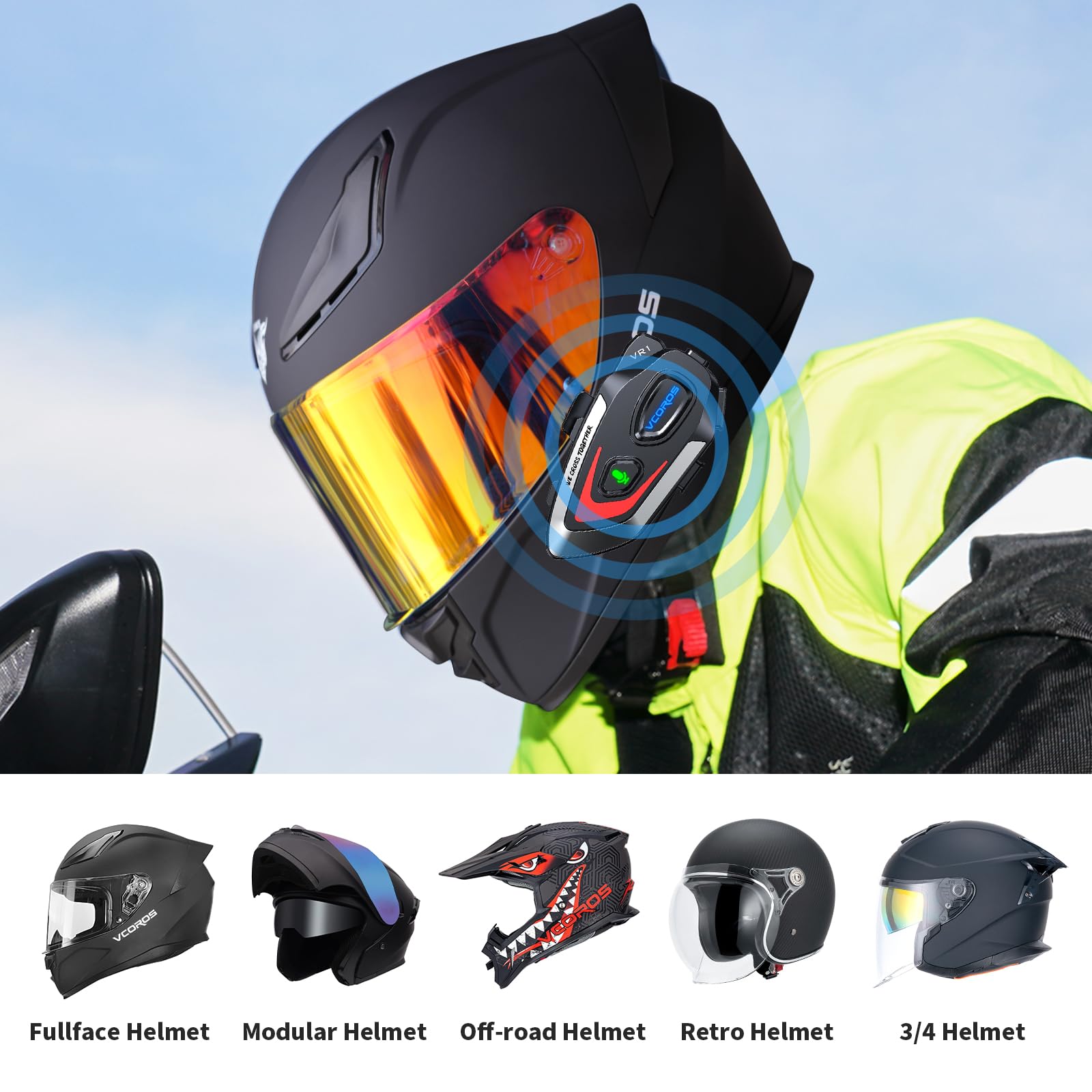 VCOROS Casco Moto Auricolare,VR1 Casco Moto Bluetooth Auricolare per Singola,IPX6 Impermeabile Cancellazione del Rumore per Vivavoce AI Voice Control,Controllo Musica (Hard Mic)