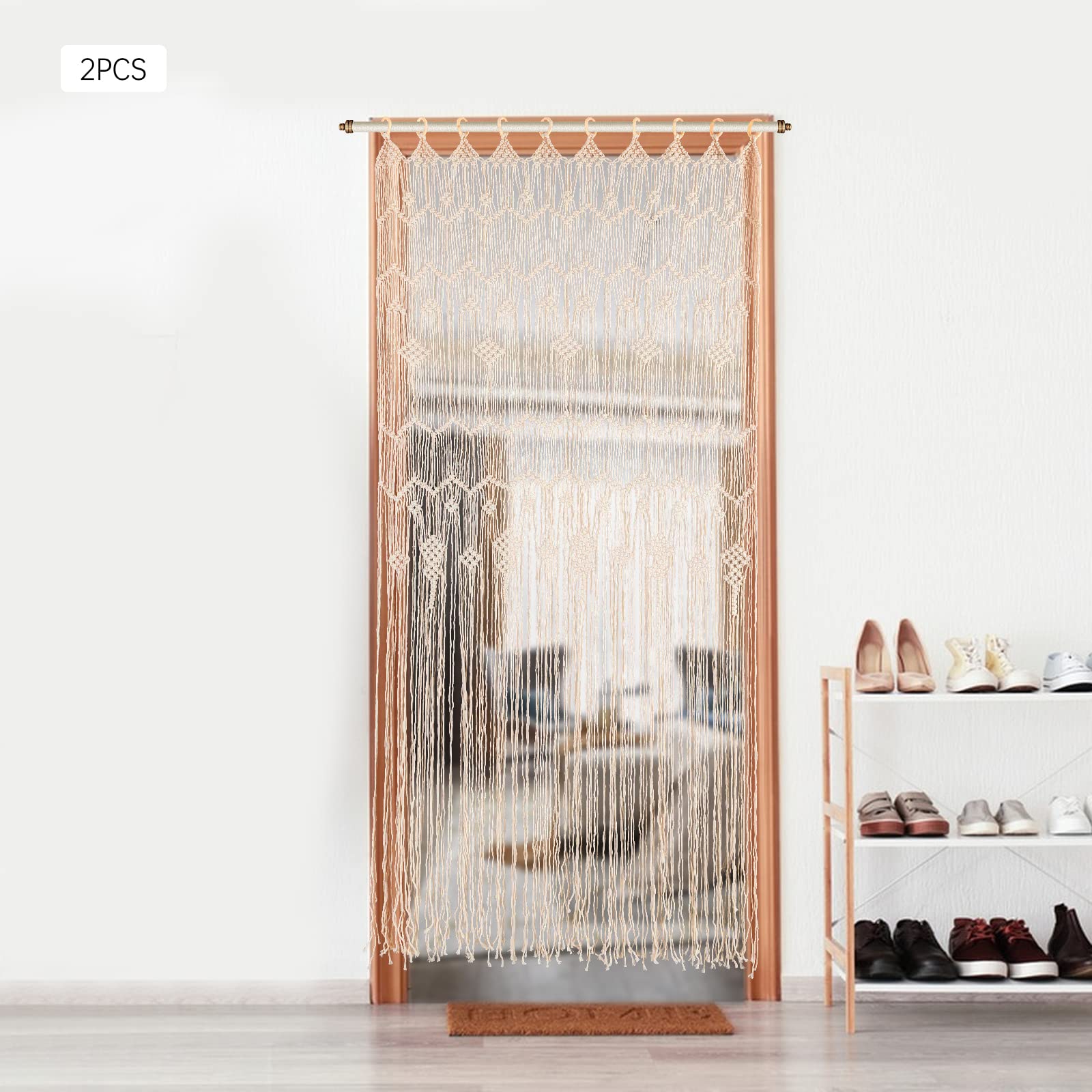 Rideaux en macramé bohème, tissés à la main, anneaux en bois, grand rideau en macramé, style bohème, à suspendre au mur ou à la fenêtre, décoration élégante pour la maison et le mariage