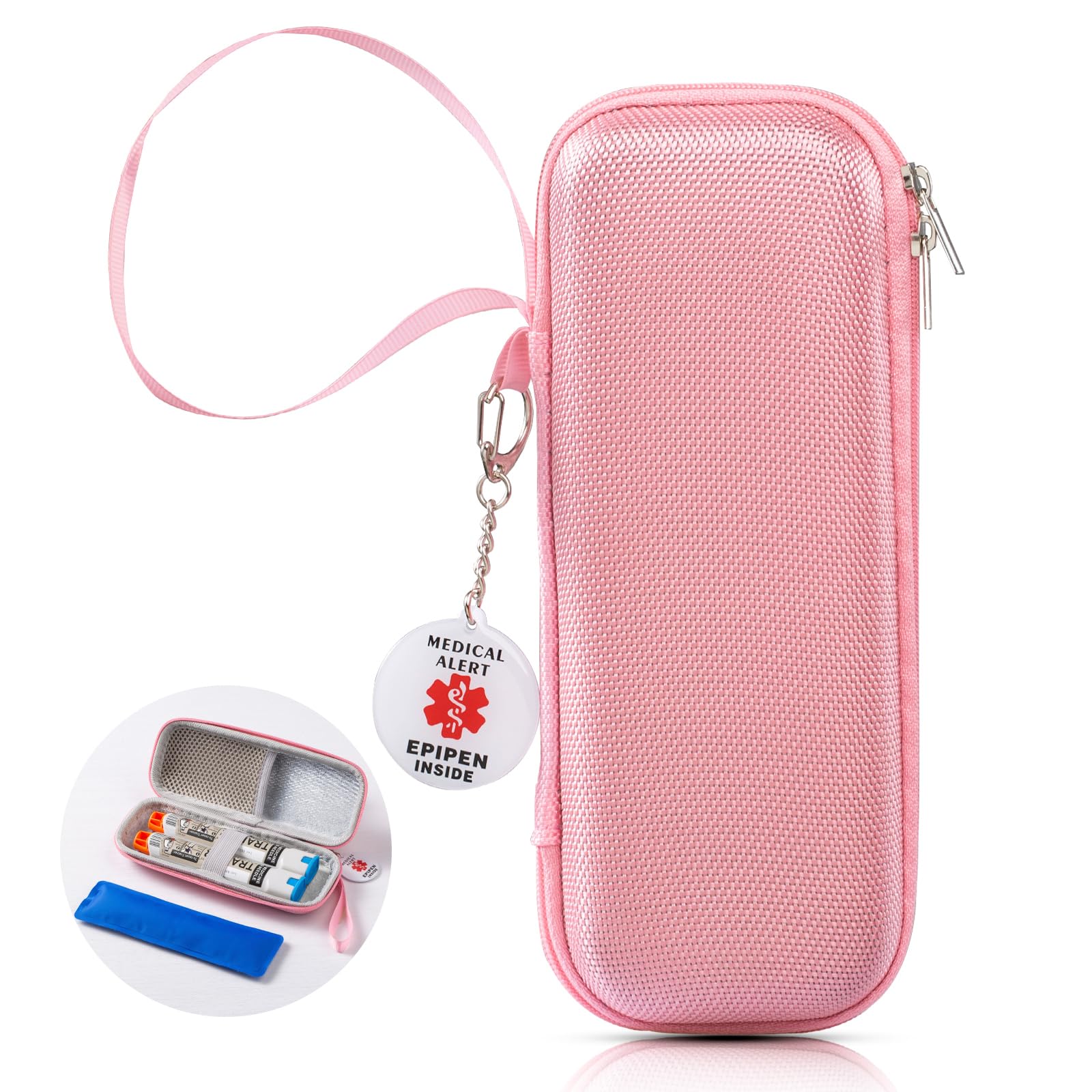 EpiPen Medical Carrying Case, Epi Pens Carrying Case for Travel, Medication Organizer Bag, Fits 2 EpiPens, Asthma Inhaler, Allergy Medicine, With Ice Pack, Programmable NFC Medical Warning Tags (Pink)