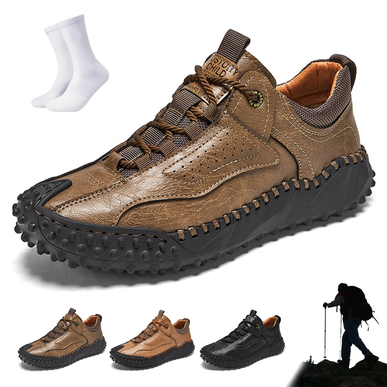 Cushygait Boots for Men Mens Vintage Leather Hiking Shoes Orthopedic Arch Support Wide Toe Box Waterproof Breathable Hand-Sewn