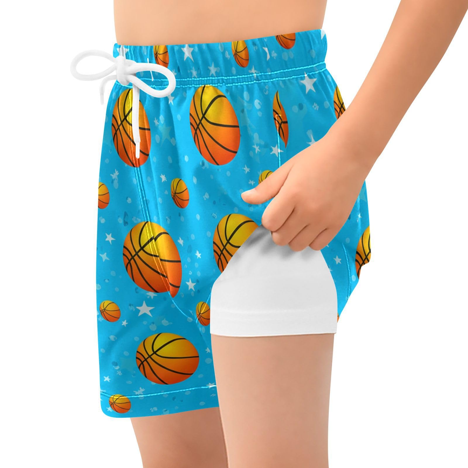 YANENDIE Boy Swim Trunks with Compression Liner Basketballs Pattern Boys Swim Shorts Quick Dry Beach Shorts