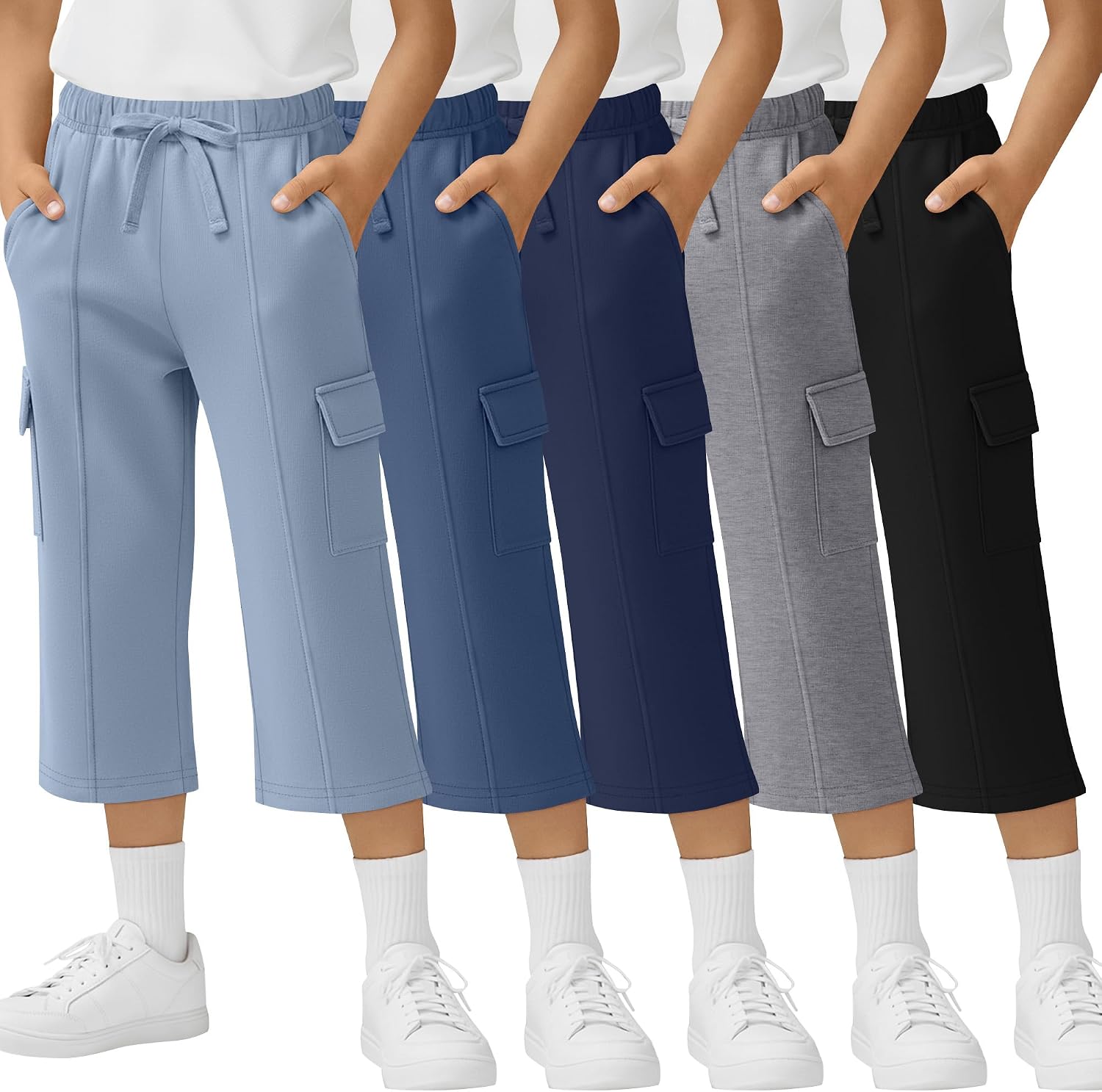 5 Pack Boys' Capris Pants Cargo Cropped Sweatpants Wide Leg Elastic Waist Drawstring 3/4 Short with 4 Pockets