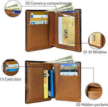 HATA Black Brown Mens RFID AIIigator Vertical Bifold Wallet Large Capacity Leather Credit Card Holder with 13 Card Slots Flip Out ID Window Christmas Birthday Gift for Dad Husband Brother DUN16