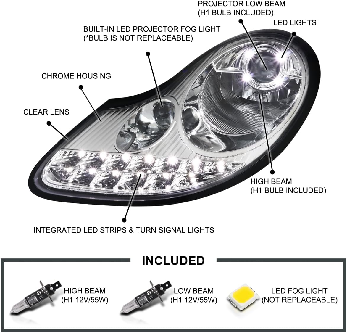 SPEC-D TUNING Chrome LED Projector Headlights w/Build-in Fog Lamps Compatible with 1997-2004 Porsche Boxster 986, 1997-2001 Porsche 911 996, Left + Right Pair Headlamps Assembly