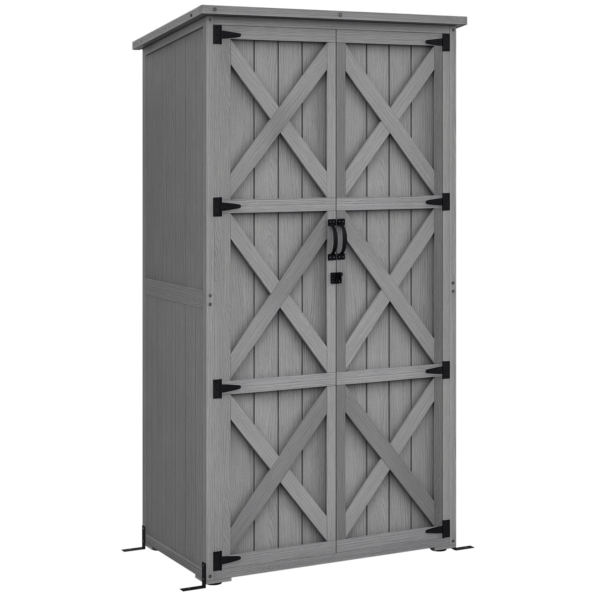 Outsunny Armoire de Jardin 90x54,5x161/168,5 cm Gris Bois Massif Toit incliné bitumé 2 étagères