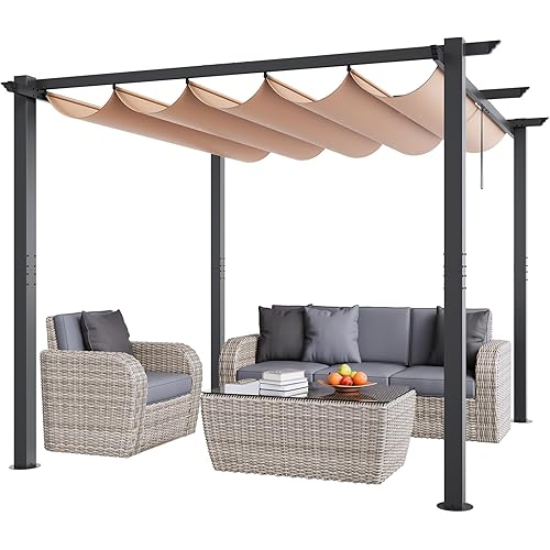 VEVOR 10'x10' Outdoor Retractable Pergola with Canopy, Aluminum Pergola with Retractable Canopy, Modern Style, Sun Shade for Patios, Gardens, Decks, Backyards (Beige)