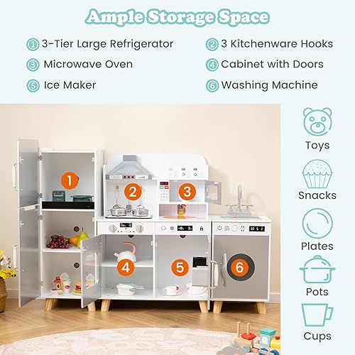 Miniatura 5 de HONEY JOY Juego de cocina para niños, 3 piezas, modular de madera de esquina, juego de cocina, refrigeradorlavadora y fregadero, campana extractora