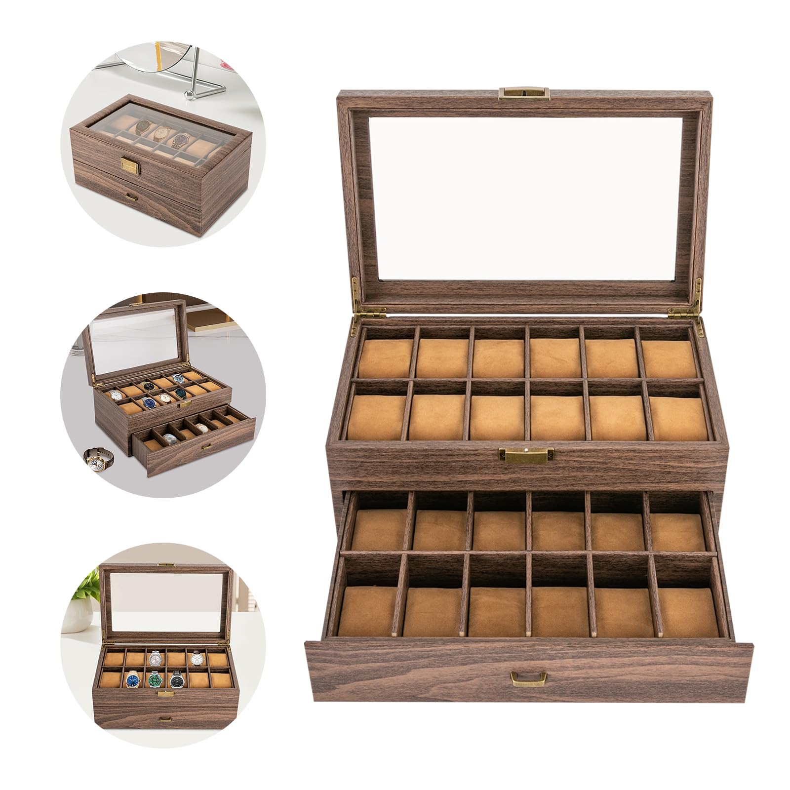 Caja para relojes con 24 compartimentos de madera, organizador para hombres y mujeres, hoja de cristal para guardar relojes, caja de almacenamiento para relojes y joyas, caja de regalo, 34 x 21 x 15