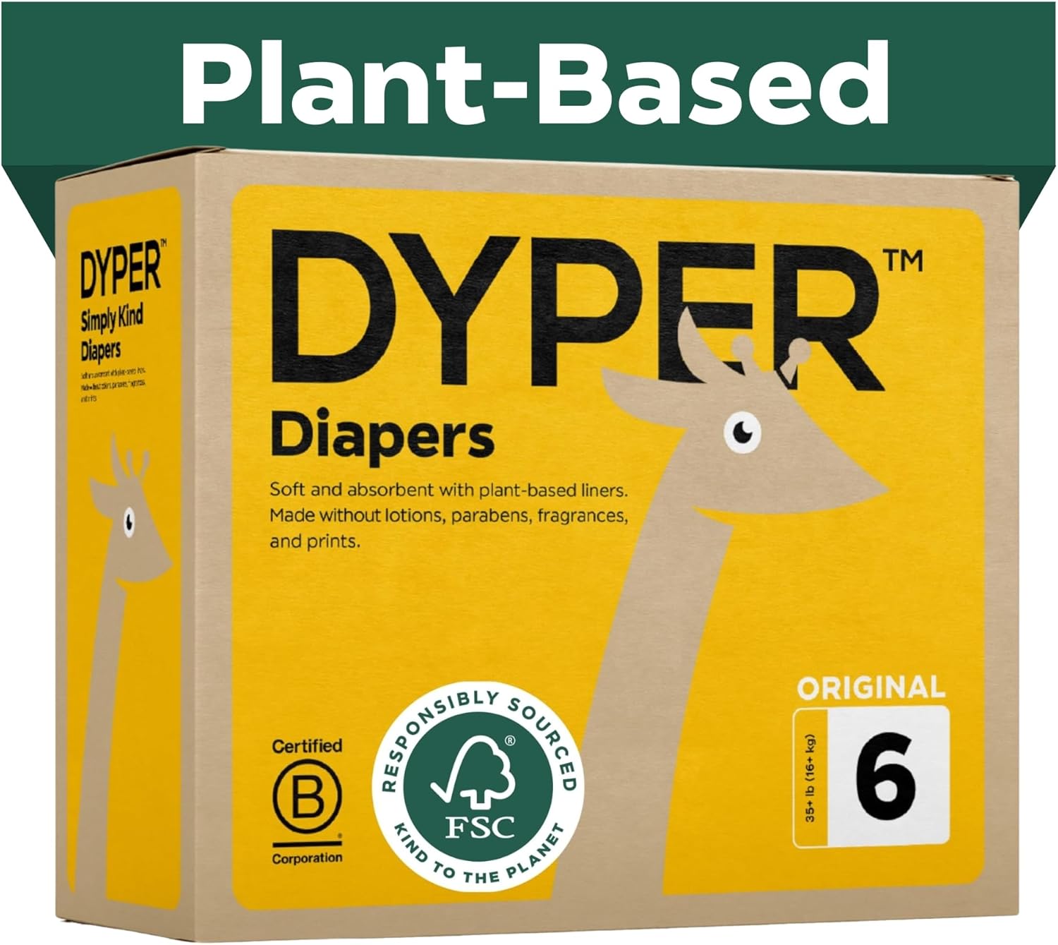 DYPER – Baby Diapers Hypoallergenic Cloth Alternative Day & Overnight Protection – Made with Plant-Based* & Honest Ingredients – Size 6 (108 Count)