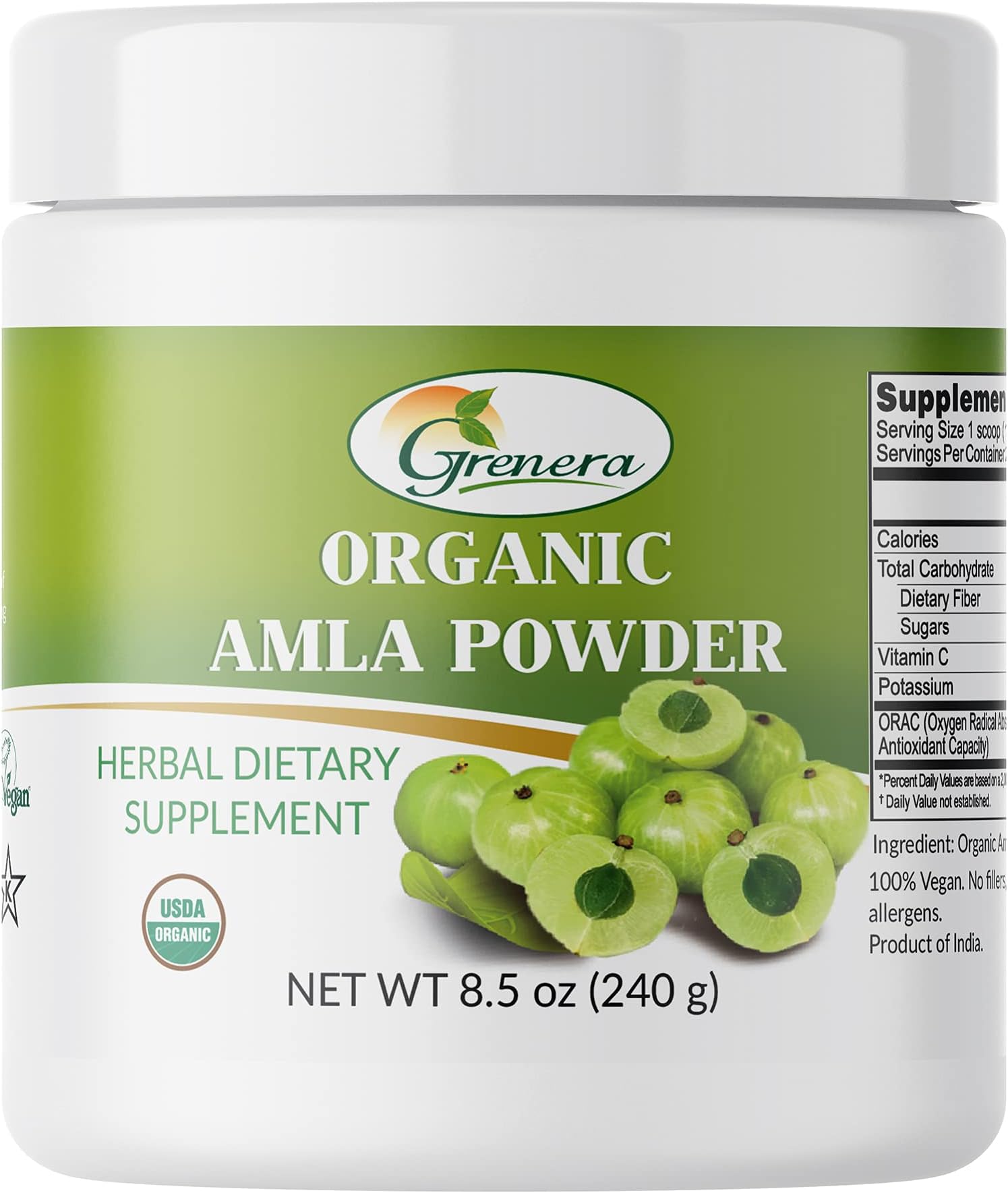 Grenera Organic Amla Berry Powder (Amalaki/Indian Gooseberry) | Rich in Vitamin C, USDA Organic, Lab Tested for Purity, Rich in ORAC Value โ 8.5 oz