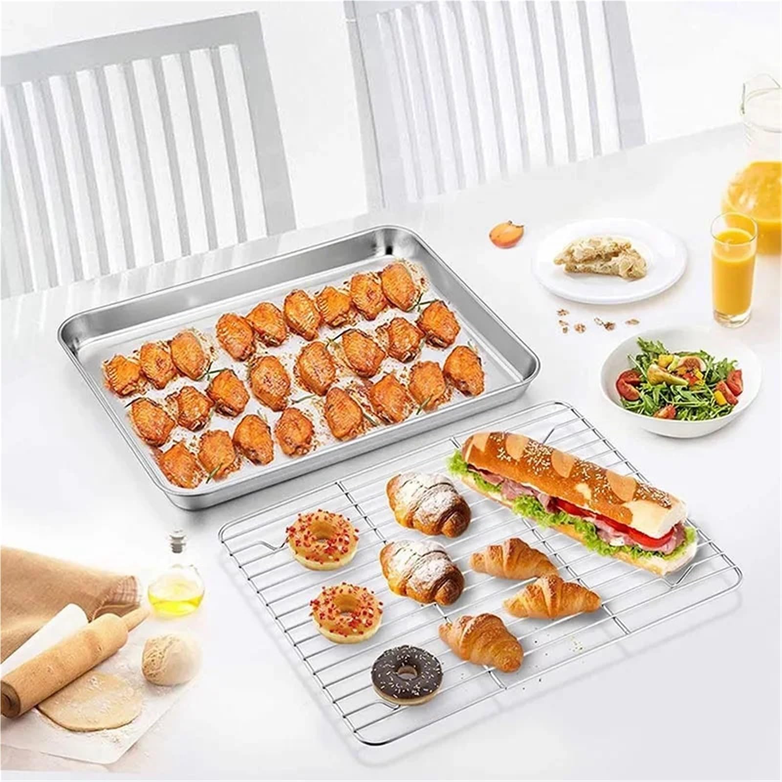 Bandeja Para Horno Bandeja for hornear galletas con parrilla Rectangular de acero inoxidable con rejilla de enfriamiento extraíble, utensilio de cocina, bandeja antiadherente adecuada for horno Para H