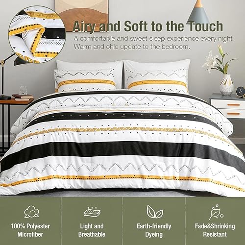 Miniatura 7 de Lekesky Funda de edredón bohemia tamaño King, funda de edredón de microfibra suave azteca blanca con ondas negras y trinches, juego de ropa de cama