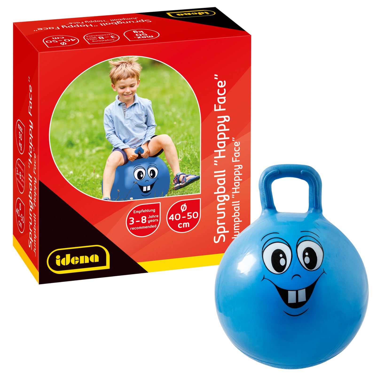 Idena Happy Face 40094 Jumping Ball in Blue, Diameter Approx. 45-50 cm, Maximum Load 50 kg, Ideal for Summer, Park or Nursery