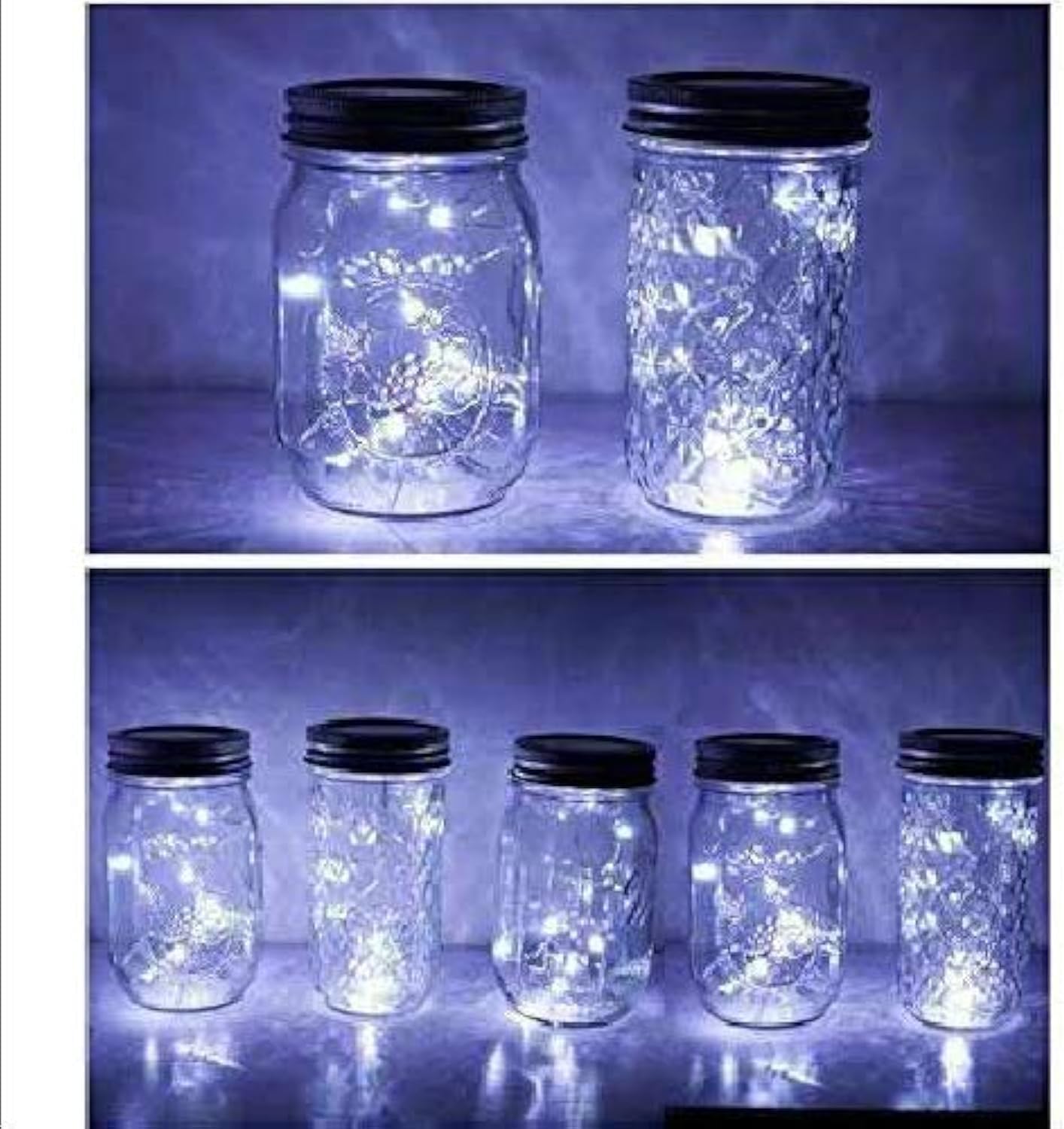 MinoMia 6 Pack Mason Jar Lights, 20 LED Solar Cold White Fairy String Lights Lids Insert for Garden Deck Patio Party Wedding Christmas Decorative Lighting Fit for Regular Mouth Jars