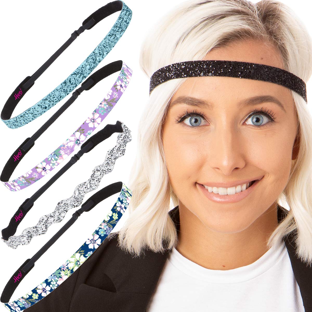 Hipsy Women's Adjustable NO SLIP Pastel Flowers Skinny Headband Gift Packs (Skinny Navy/Purple/Glitter 5pk)