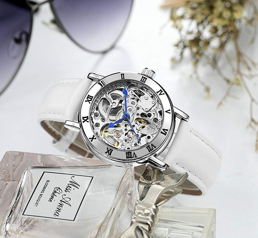 Carlien Damen Steampunk Automatik Mechanische Uhr Skelett Zifferblatt Leder Kleid Armbanduhr