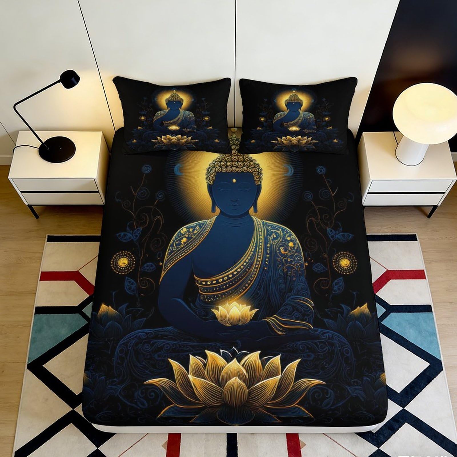 3D Printed Buddha Lotus Fitted Sheet Microfiber Soft Dark Blue Gold Mandala Bed Cover for Bedroom Guest Room 180x200x25cm