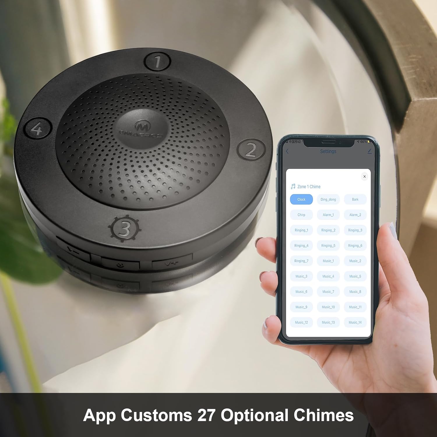 Smartphone screen displaying the eMACROS app's chime selection interface with 27 optional chimes, next to the receiver unit.