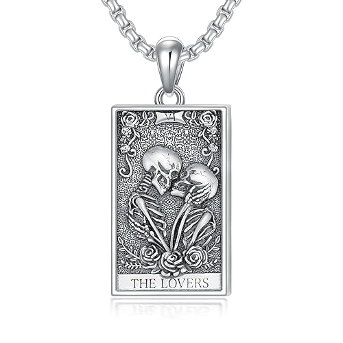 PELOVNY S925 Sterling Silver Amulet Necklace St Michael/Saint Christopher/Compass/Wolf Necklace Protection Pendant Jewelry Christmas Halloween Birthday Gifts for Men Women - The Lovers Tarot Card