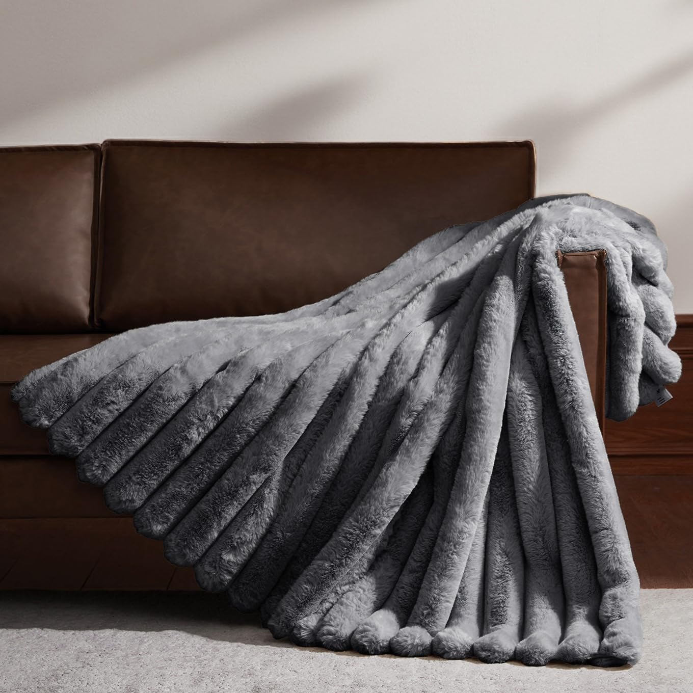 WDCOZY Faux Fur Throw Blanket Striped Super Soft Cozy Fluffy Luxurious Blankets Couch Bed Sofa Chair Home Decor Warm Furry Fall Winter Plush Lightweight Rabbit Fur Bubble Blanket 50" x 60", Darkgrey