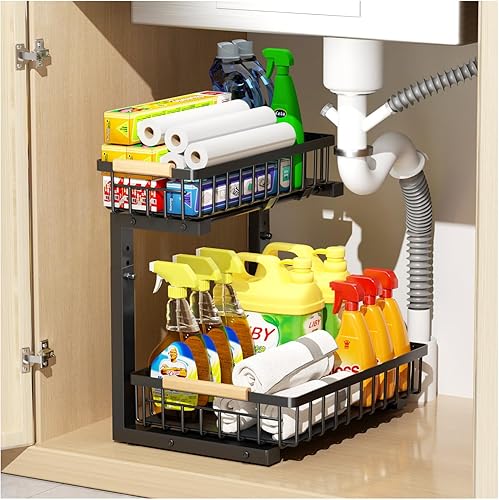 Organizador en forma de L para debajo del fregadero, estante deslizante de 2 niveles, estantes de almacenamiento para debajo del fregadero para