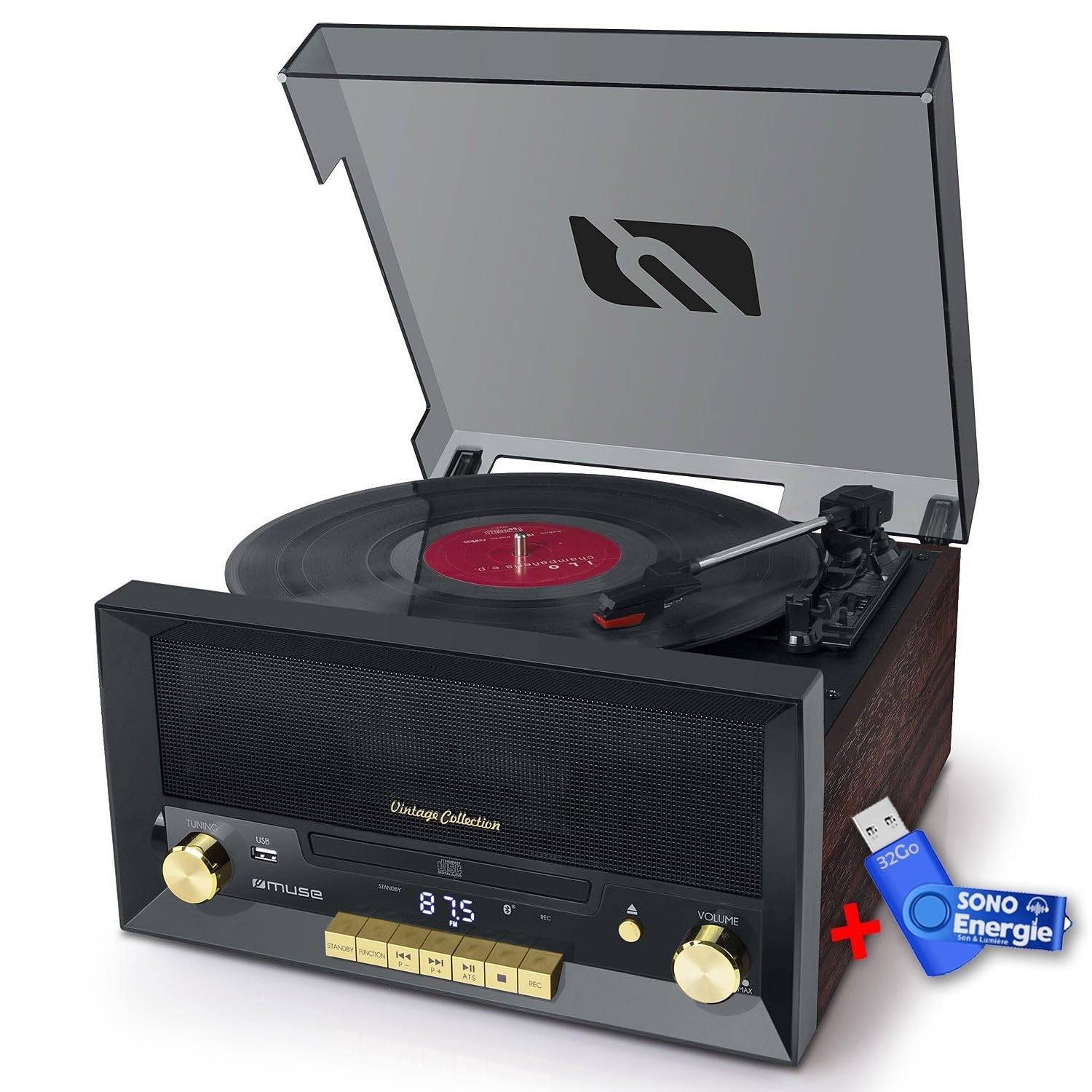 BMI Système Chaîne HiFi CD 20W Vintage avec Platine Vinyle - CD/FM/USB/AUX - 33/45/78 Tours+clé USB 32Go