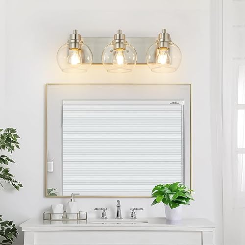 Miniatura 9 de Tuscarora Lámpara de baño, lámpara de tocador de níquel cepillado de 3 luces con pantalla de vidrio transparente, accesorios de iluminación para