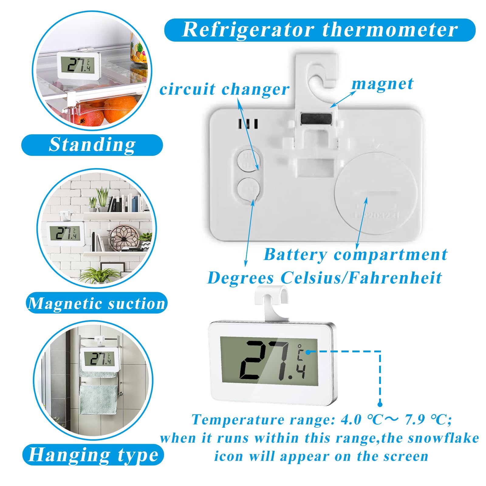 Lot de 4 thermomètres de réfrigérateur numériques avec écran LCD, thermomètre avec alarme de gel, thermomètre de congélateur, parfait pour la cuisine, les restaurants, la maison