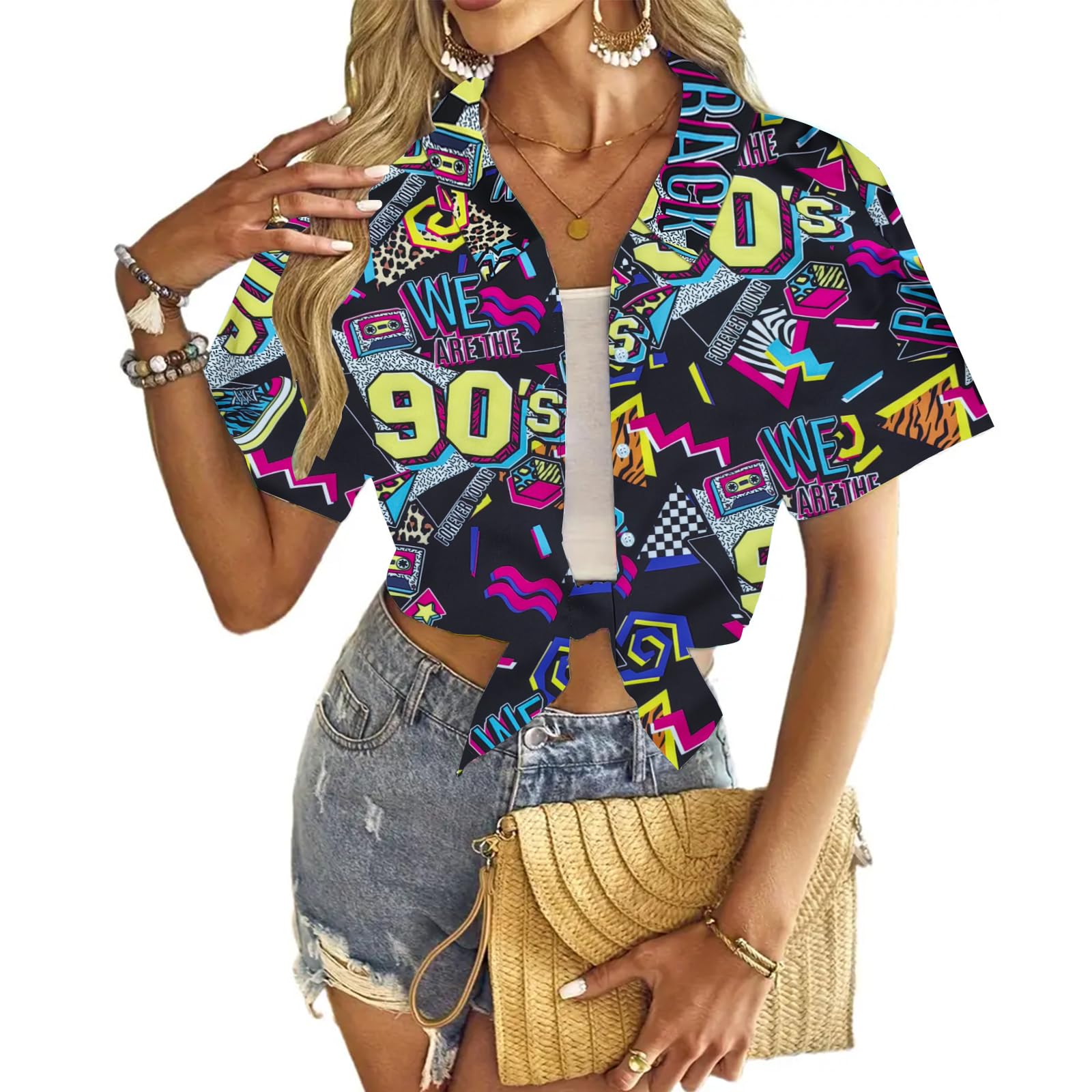 Trajes de los años 80 y 90 para mujer, camisa temática de fiesta de los años 80, camisa hawaiana con botones, camiseta retro de discoteca de neón | Disfraz retro de neón de los años 80, blusa hawaiana con botones