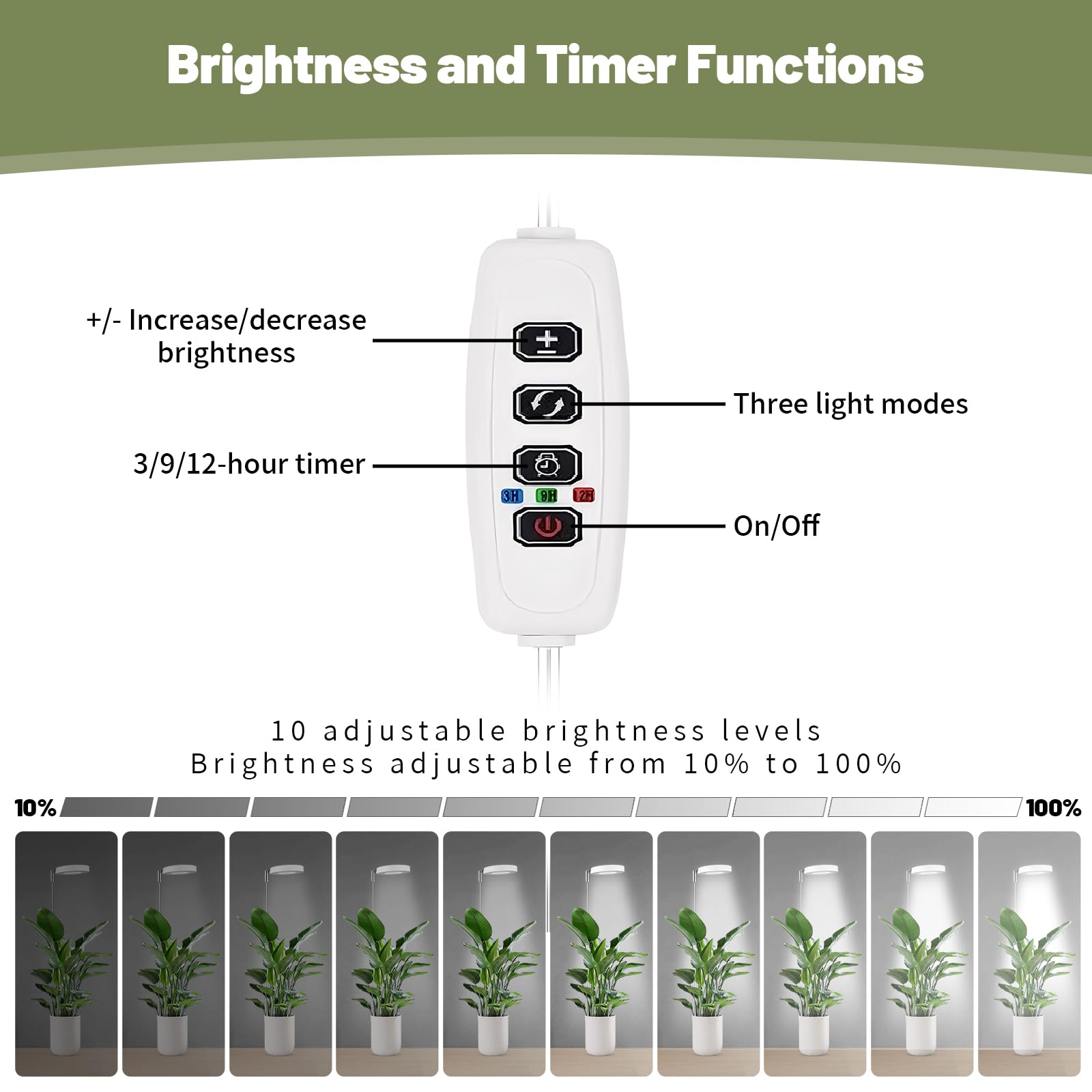 Lampe de croissance à spectre complet pour plantes - Hauteur réglable de 27 à 160 cm - 3 modes d'éclairage - 10 niveaux d'intensité - Minuterie (3/9/12H) - Tête pivotante à 180°