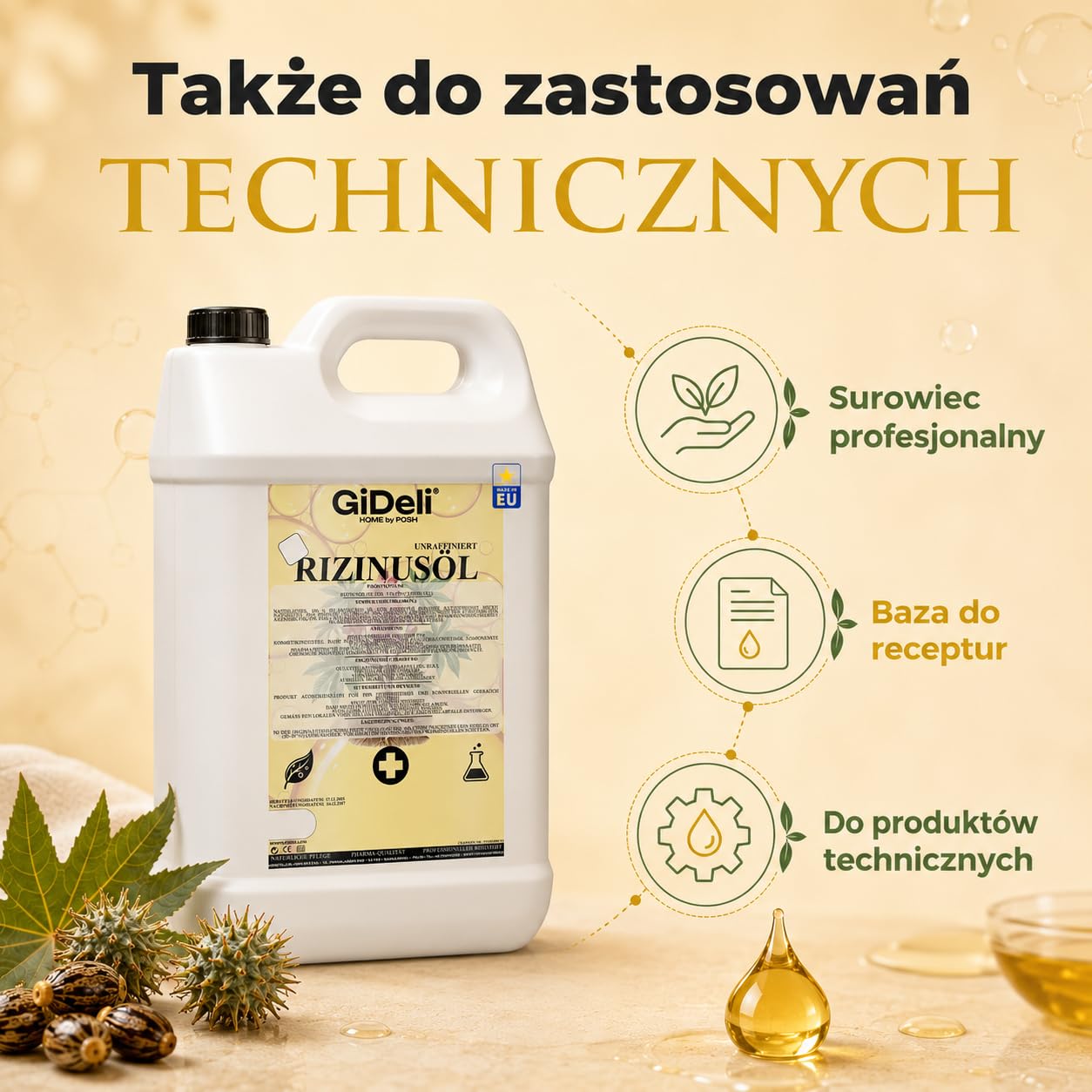 GiDeli Olej rycynowy tłoczony na zimno 2 x 5 l – czysty olej rycynowy w Ph. Eur. Jakość do włosów, rzęs i skóry – nierafinowany olejek pielęgnacyjny jako baza do kosmetyków naturalnych DIY – nie