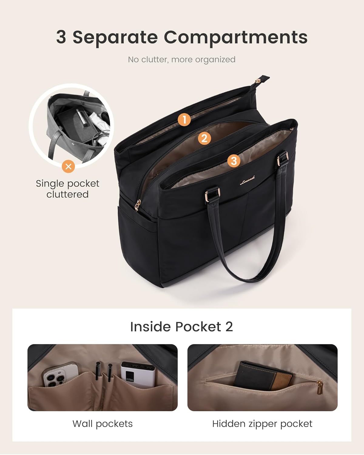 LOVEVOOK Laptop Tote Bag for Women with 3 Separate Pocket Work Bag with Large Cup Holder Computer Briefcase for Teacher Nurse - Image 3