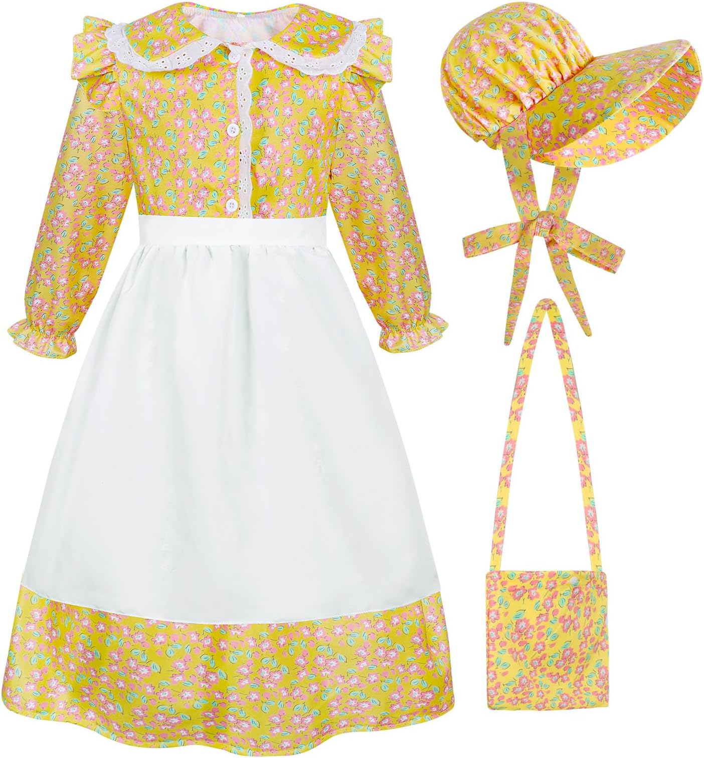 Pioneer Dresses for Girls Colonial Costume Prairie Dress Floral Pioneer Costumes with Apron & Bonnet Halloween Outfits